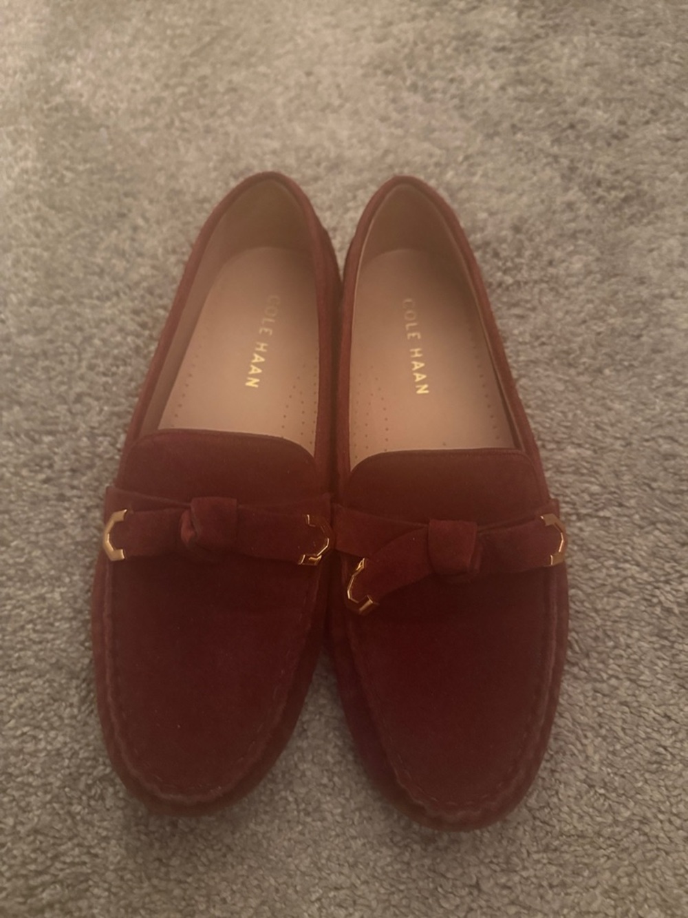Cole Haan Burgundy Suede Loafers with Gold Accent